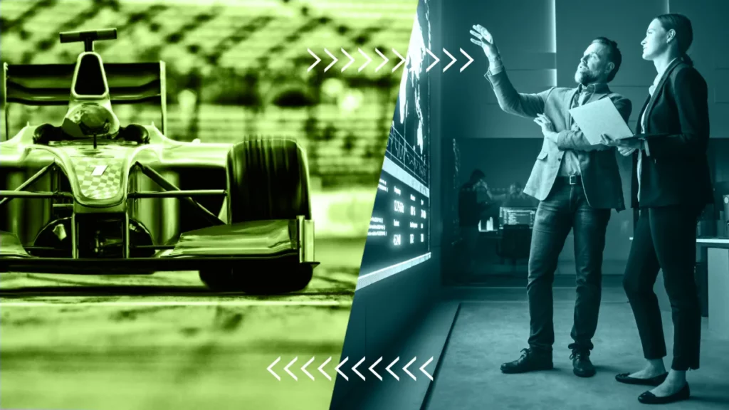 split-image-of-f1-and-business-tech